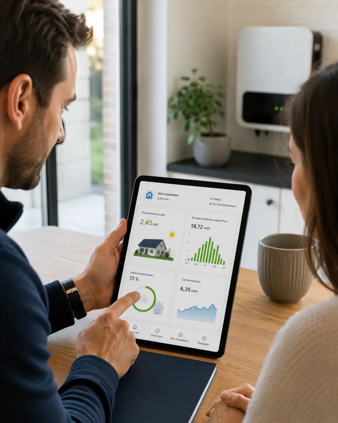 homme en train de présenter le fonctionnement de l'application des panneaux solaires