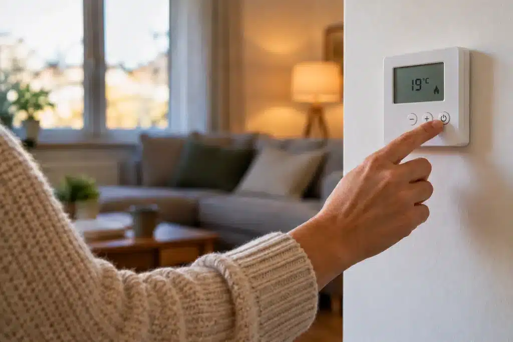 personne en train de régler le thermostat chauffage